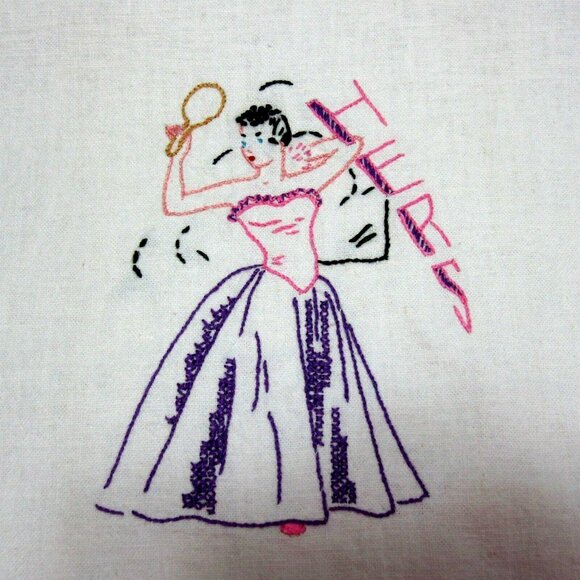 Flour Sack Linen His and Hers Towels Embroidered Crochet Edge Vintage 1950s - Picture 5 of 11